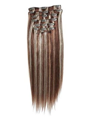 18" Full Head Clip in Hair Extensions Straight 10 pieces 120 grams Human Synthetic Mix ( 6/613 Medium Brown Lightest Blonde Mix)