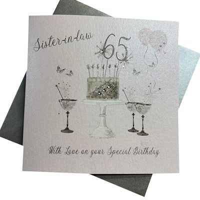 Happy 65th Birthday Card Sister-in-Law Champagne Bril Roze Rozen door Witte Katoenen Kaarten SS42-SIL65