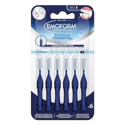 Scovolino Interdentale Emoform Blu 6 Pz. con Tecnologia SoftCare per un Contatto Extra Delicato sulle Gengive grazie alle Setole Morbide - Impugnatura Antiscivolo con Cappuccio per l'igiene Orale