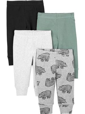 Simple Joys by Carter's Baby 4-Pack Neutral Pant, Black/Grey Bear/Spruce Green/White, 0 Months (Pack of 4)