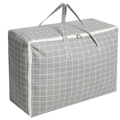 Cozary Large Storage Bag, 105L Waterproof Moving Bags with Handle for Clothes, Blankets, Pillows - 70 x 50 x 30 cm - Grey Checkered Pattern