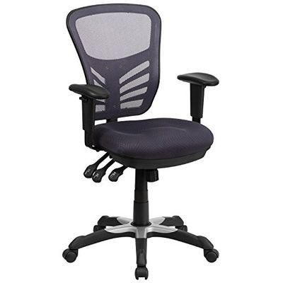 Donkergrijze multifunctionele ergonomische draaiende directiebureaustoel met middelhoge rugleuning van gaas en verstelbare armleuningen
