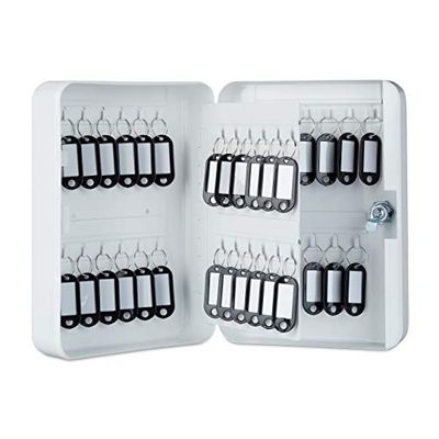 Relaxdays Caixa para chaves com fecho, 48 ganchos, com chaveiros, metal, branco, 25 x 18 x 7,5 cm