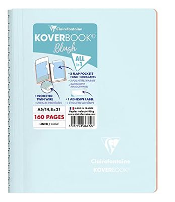 Clairefontaine - Ref 366772C - Koverbook Blush Wirebound Notebook (80 Sheets) - A5 Size, Lined Ruling, 90gsm Brushed Vellum Paper, Pastel Polypro Cover - Ice Blue