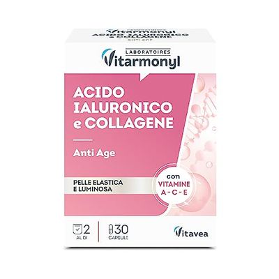 Acido Ialuronico e Collagene - Integratore anti-age - Per pelle più elastica, compatta e luminosa - Collagene Integratore - Con Vitamina A, Vitamina C, E - Confezione da 30 capsule - Vitarmonyl