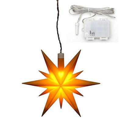 Dekohelden24 Plastic Christmas Star in Yellow, Suitable for Indoor and Outdoor use, Includes LED Lighting and 6 Hour Timer, Battery Operated. Dimensions (L x W x H): 13.5 x 5.5 x 12 cm.