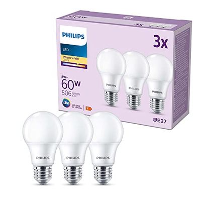 Philips LED E27, confezione da 3 lampadine, equivalente a 60 W, lampadine LED smerigliate, Plastica, Luce Bianca Calda 2700K, LED a risparmio energetico con lunga durata