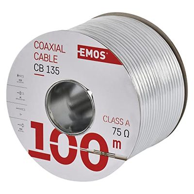 EMOS Cable coaxial CB135 100M, Blanco, Länge: 100 Meter