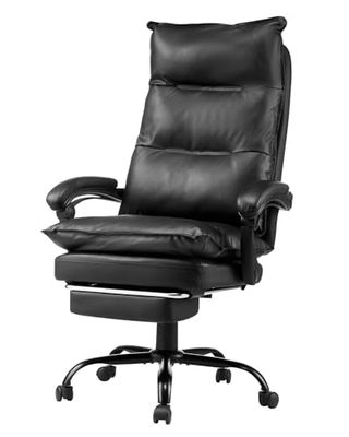 VEVOR Silla de Ejecutiva Altura Ajustable con Respaldo Alto Reposapiés Almohada Lumbar Silla de Oficina Ergonómica Reclinable 135° Silla Giratoria de Cuero PU para Trabajar, Estudiar, Jugar, Negro