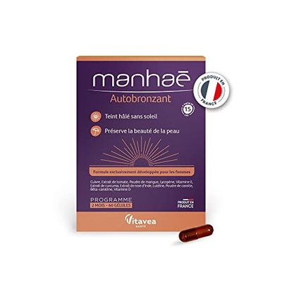 Vitavea Manhaé - Autobronzant - Complément alimentaire autobronzant - Teint hâlé sans soleil - Préserve la beauté de la peau - 60 gélules - 2 mois - Fabriqué en France