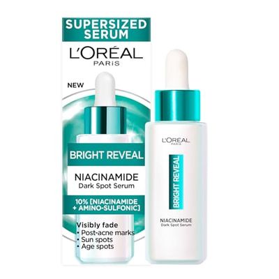 L'Oréal Paris Bright Reveal Serum Anti-manchas, Para Todo Tipo de Piel, Manchas Oscuras Reducidas, Con Niacinamida y Ácido Aminosulfónico, Formato XL