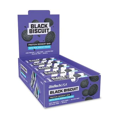 BioTechUSA Protein Dessert Bar | Rich Protein Content | Gluten-Free | High Fibre | Palm oil Free, 20 * 50 g, Black Biscuit