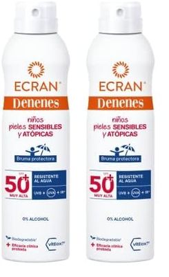 Ecran Denenes - Bruma Protectora Solar FPS 50+ para Niños en Spray, 80 Minutos de Protección UVB, UVA e IR-A, con Extracto de Algodón y Vitamina E, Pieles Sensibles y Atópicas - 250 ml (Paquete de 2)