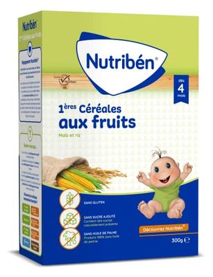 Nutribén 1ères Céréales bebe 4 mois et plus, 300 g | Bouillie de céréales aux fruits petit déjeuner | 4 mois sans gluten