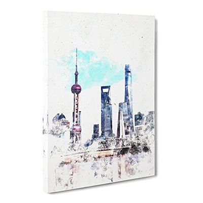 Shanghai Skyline Reflection Watercolour Modern Canvas Wall Art Print Ready to Hang, Framed Picture for Living Room Bedroom Home Office Décor, 30x20 Inch (76x50 cm)