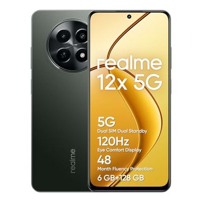 realme 12x 5G Smartphone 6+128 GB, Fotocamera con AI da 50 MP, Dual Standby 5G, Protezione della fluidità per 48 mesi, Display da 120 Hz, NFC a 360°, Batteria da 5.000 mAh, Glowing Black(no adapter)