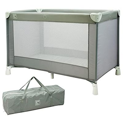 Bambisol Kinderbed, paraplu, 120 x 60 cm, inclusief matras en reistas (grijs/groen)
