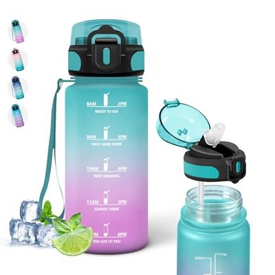 Drinkfles voor kinderen, 500 ml, waterfles met rietje, motiverende waterfles met tijdschaal, gemakkelijk mee te nemen, sportfles, voor school, camping, reizen, hardlopen