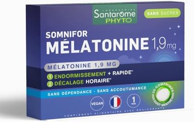 Santarome Phyto - Somnifor Mélatonine 1900 | Mélatonine 1,9 mg - Action Rapide | Complément Alimentaire Sommeil - Endormissement Plus Rapide | 30 comprimés - goût menthe - Made In France