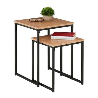 Relaxdays Side Table Set of 3, Stackable, 3 Sizes, Coffee Counter, Square, Metal, Living Room Decor, Light Brown/Black, Iron, 54 x 40 x 40 cm