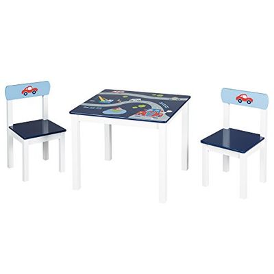 roba Conjunto de cadeiras infantis 'corredor de corrida', 2 cadeiras para crianças e 1 mesa, com motivos de veículos em azul