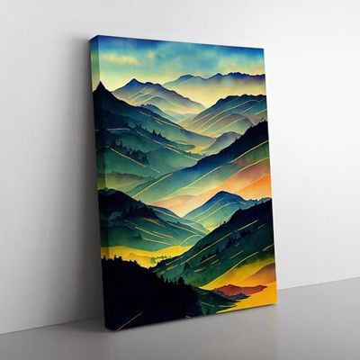 Watercolour Mountain Landscape No.5 Blue, Green, Green Canvas Wall Art Print Ready to Hang, Framed Picture for Living Room Bedroom Home Office Décor, 76x50 cm (30x20 Inch)