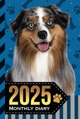 2025 Monthly Diary: With Notebook / Hardcover / 6x9 Dated Personal Organizer And 100 Blank Lined Journal Pages Combo / Organizing Gift / Australian Shepherd Dog Art on Paw Print Pattern Cover