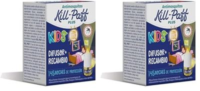 KILL-PAFF KIDS |Insecticida Eléctrico |Antimosquitos |Eficaz Contra Mosquito Tigre y Transmisores de Enfermedades Tropicales |Sin Olor|45 Noches de Protección |Contenido: 1 Dif + 1 Rec (Paquete de 2)
