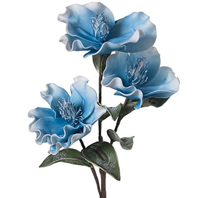 DRW Set van 6 takken met 3 EVA-rubberbloemen en papier in blauw 86 cm