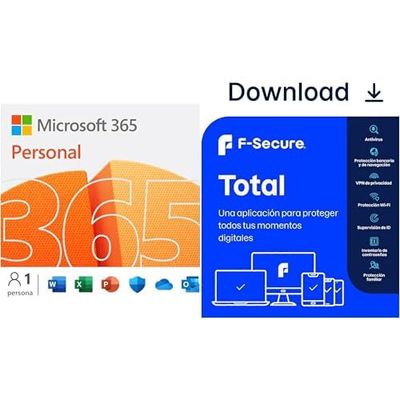 Microsoft 365 Personal | 1 persona | Suscripción de 12 meses + F-Secure Total | 1 Año | 5 Dispositivos | Código de activación enviado por email