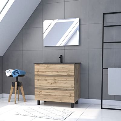 AURLANE Meuble Salle de Bain 80x80 - Finition Chene Naturel + Vasque Noire + Miroir LED - Timber 80 - Pack18