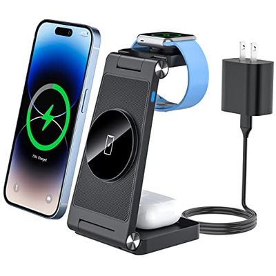 SUTOUG Chargeur sans Fil 3 en 1 Mag-Safe Station de Charge avec Adaptateur CA 18 W Compatible avec iPhone 15/14/13/12 Pro Max Plus, Station de Charge de Voyage Flottante pour Apple Watch et Air Pods