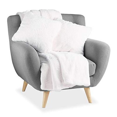 Relaxdays Coperta con 2 Cuscini, Set 3 Pezzi, Morbido Plaid, Guanciali in Pelliccia Sintetica, Poliestere, Bianco Crema, 150 x 200 cm