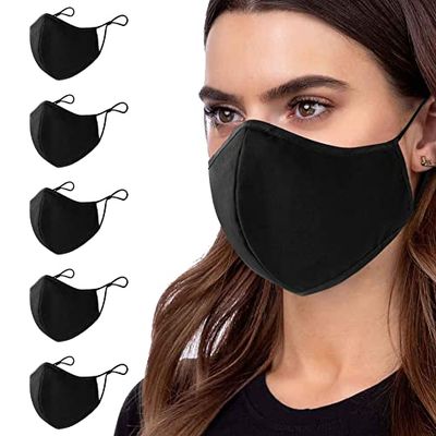 ANSTA Mascarilla Tela, 5 Piezas Lavables Máscaras Faciales de Algodón, Multifuncional Mujeres Hombres Máscara de Tela Lavable, Tela Reutilizable Unisex Ajustable Anti-polvo, Negro