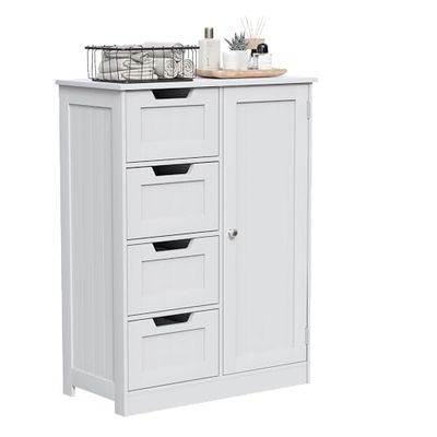 Vida Designs Meuble de salle de bains à 4 tiroirs et à 1 porte, à monter au sol, en bois, blanc