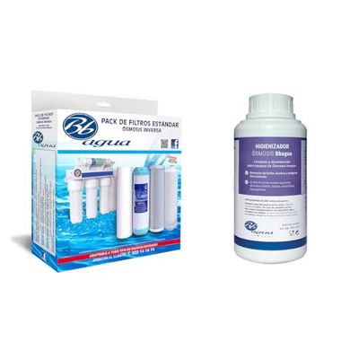 Confezione 4 Filtri Osmosi + Igienizzante. Confezione composta da 1 Sedimento, 1 GAC Carbon, 1 Block Carbon, 1 Coconut Post Filter e 1 Sanitizzante da 0,5 Litri. Bbagua.