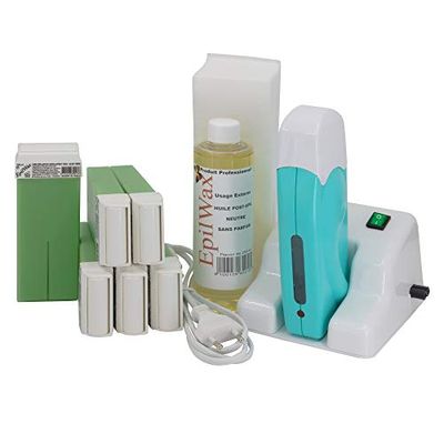 EpilWax Waxverwarmingsset voor ontharing, ontharing, met standaard, met 6 aloë vera-roll-on waxpatronen, waxing-apparaat, 100 vliesstrips en nabehandelingsolie
