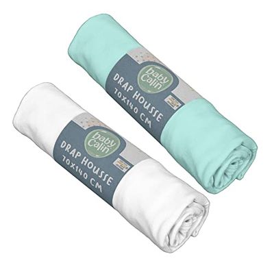 Babycalin Set van 2 hoeslakens, wit/turquoise, 70 x 140 cm