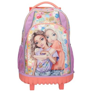 Depesche 13286 TOPModel Girl Power - trolley mochila escolar en morado y beige, con motivo de modelo y lotes de colores, mochila escolar con asa telescópica y ruedas
