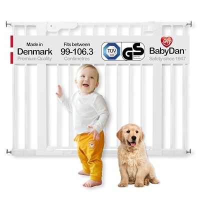 BabyDan Premier, Montado a presión Puerta de escalera, 99-106,3 cm, Barrière pour bébé/Puerta de seguridad, Metal, Blanco, Hecho en Dinamarca - (Puerta para mascotas/Puerta para perros)