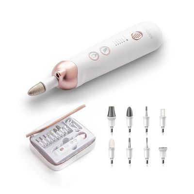 Boston Tech Queen Kit électrique de manucure et pédicure 5 modes, charge rapide USB, 9 accessoires de haute qualité, vitesse réglable, portable et durable Blanc