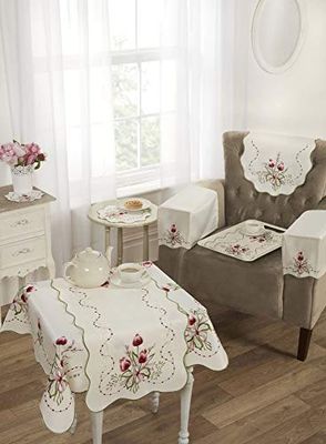Emma Barclay Tulip Embroidered Table Cloth in Cream - 36x36 (91x91cm)