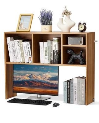 VEVOR Desktop Boekenplank, 1-laags houten bureau-opbergorganizer, 94 x 23,9 x 72,9 cm kantooropbergrek, houten displayplank, bureaubladboekenplankhok met anti-slip voetkussens, voor kantoor, thuis en