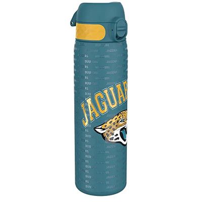 ion8 NFL Jaguars Botella de agua de acero ligera, 600 ml/20 oz, sin aislamiento, a prueba de fugas, fácil de abrir, cierre seguro, apta para lavavajillas, tapa abatible, cabe en portavasos