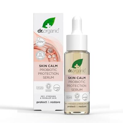 Dr Organic Skin Calm Probiotic Protection Serum, For Redness, Dry, Sensitive & Irritable Skin, 24hr Moisture, Dermatologically Tested, Vegan, Cruelty Free, Paraben & SLS Free, Certified Organic,30ml