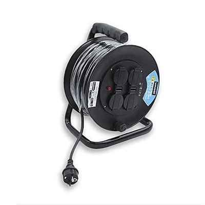 Enrouleur Extensible 25 m, 4 Prises, câble 3 x 1,5 mm, 3600 W, idéal pour connecter des appareils en extérieur ou en intérieur.