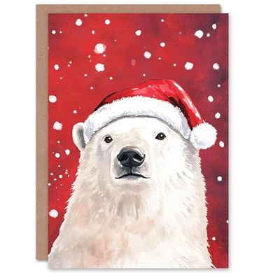 Artery8 Santa Hat Polar Bear in Snow Blank For Him Or Her Art Xmas Festive Christmas Card
