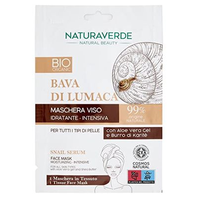 Naturaverde | BIO - Maschera in Tessuto Idratante Intensiva, Maschera alla Bava di Lumaca, Maschera con Aloe Vera Gel e Burro di Karitè, Maschera BIO, Certificata ICEA