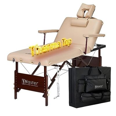 Master Massage Salon Therma Top Inklapbare mobiele massagestoel, massagebank, verwarmbare cosmetica-ligstoel, behandelingsligstoel, traploos verstelbare rugleuning, leer/hout, beige, 71 cm