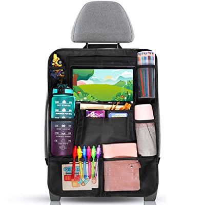 Diboniur Children's Car Organiser with 10 Pockets, Seat Protector for iPad 9.7 Inch & 10.5 Inch Tablet, Organiser for Bottles Toys Books, Black